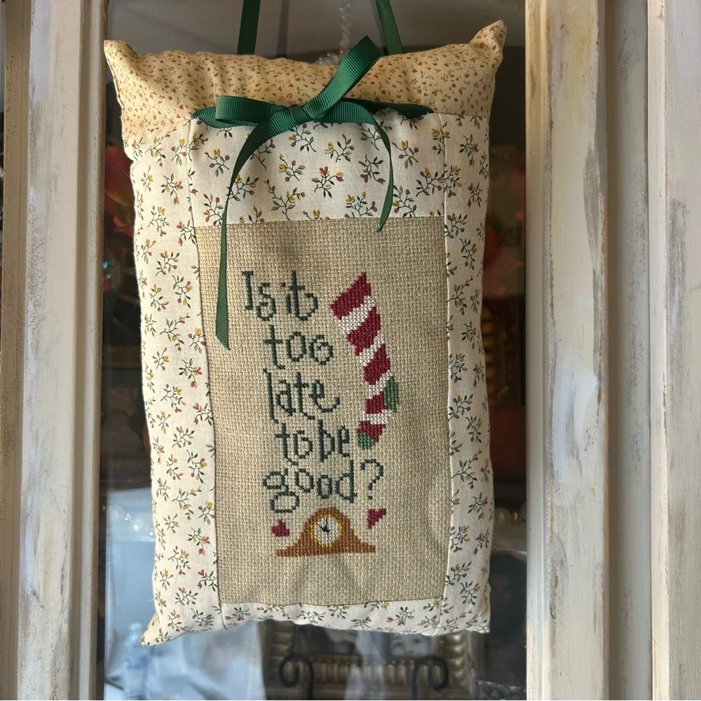 Handmade decor hang pillow Is it too late to be good? Cross-stitch Christmas